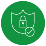 Green and white icon showing a shield with a padlock in the centre all with a tick next to it