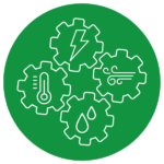 Graphic displaying four cogs with an icon for electricity, heat, air and water in the centre. All on a green background
