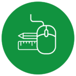 Graphic displaying an outline pencil, ruler, and computer mouse on a green background